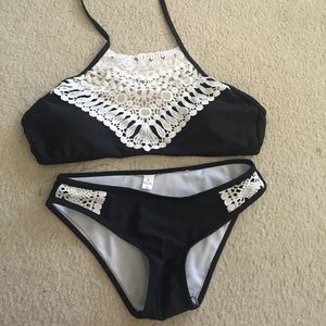 Black and white halter bikini set
