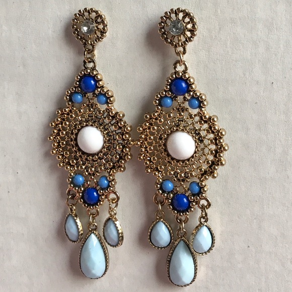 New| BLUE WHITE GOLD DANGLE EARRINGS - Picture 2 of 5