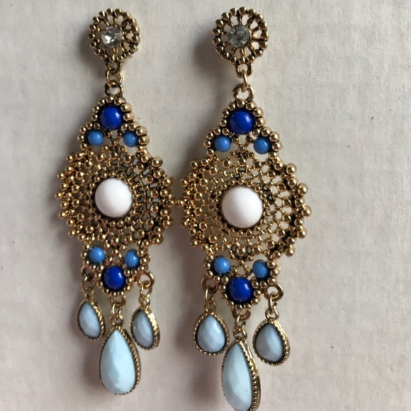 New| BLUE WHITE GOLD DANGLE EARRINGS - Picture 3 of 5