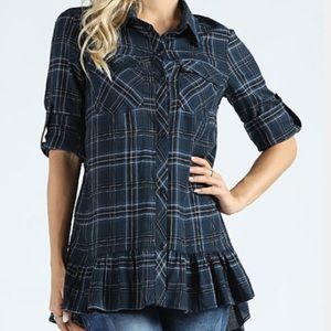 🆕 Navy Blue Plaid Button Up Tunic With Ruffle Hem