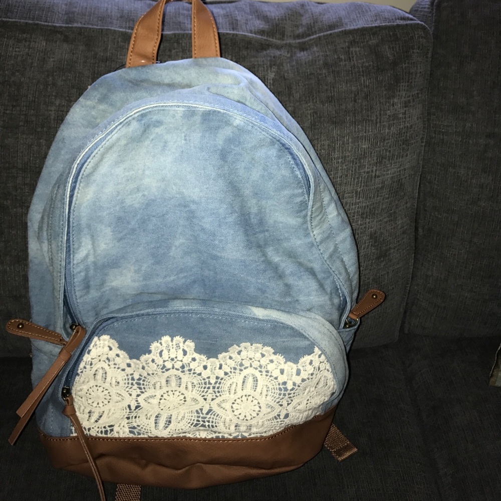 Denim crochet backpack