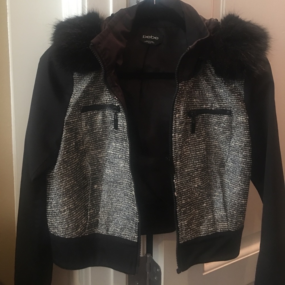 Bebe ladies black & white tweed crop  jacket.
