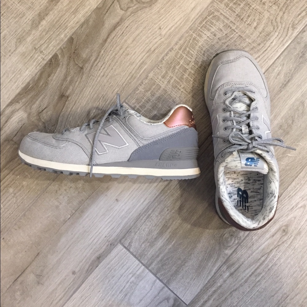 New Balance 574 with rose gold heel