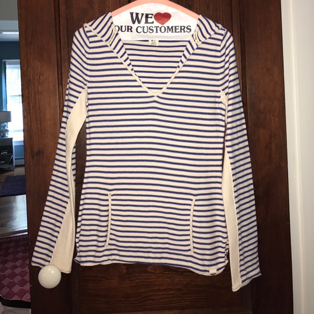 Navy blue and white striped hoodie sweater