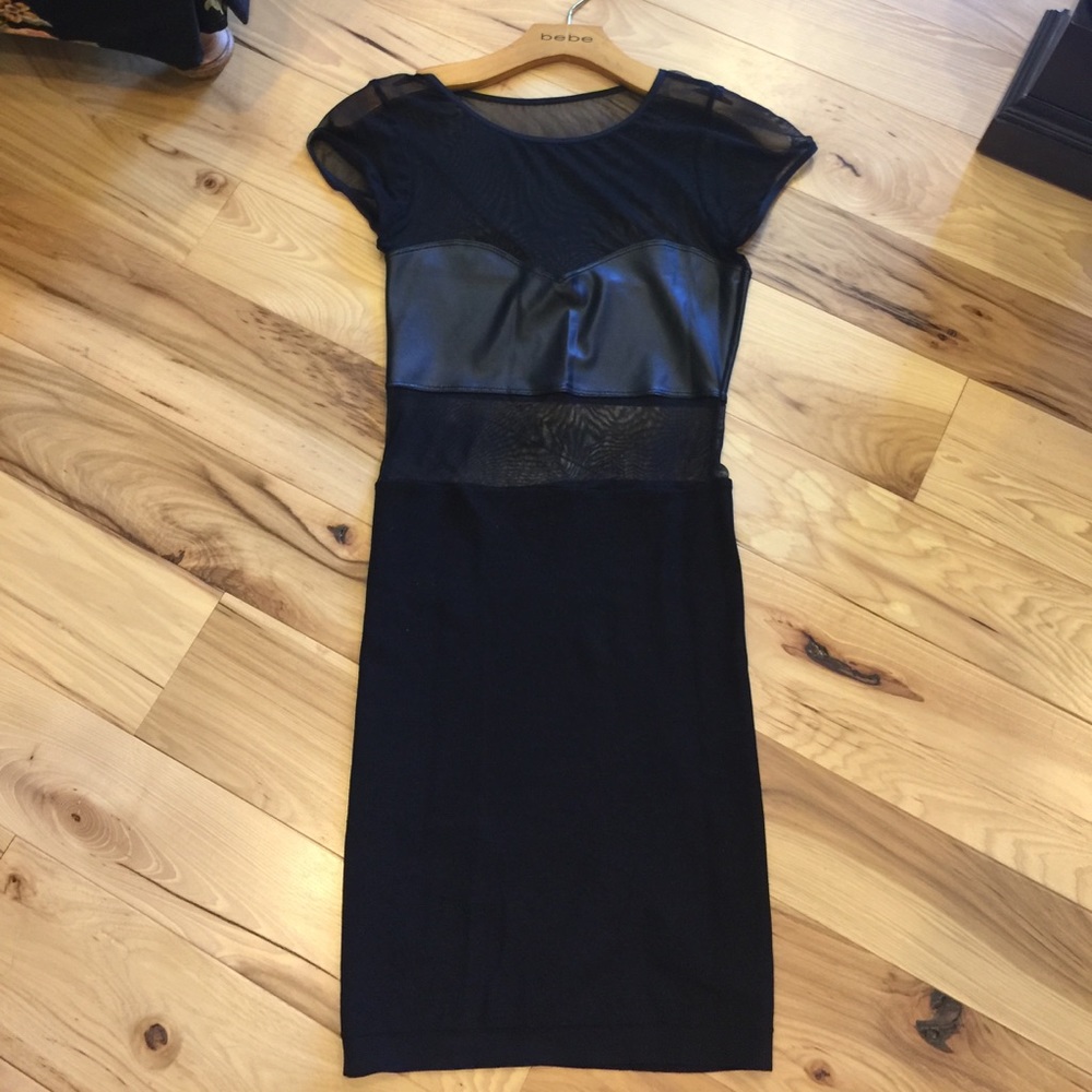 Bebe black leather and mesh bodycon dress