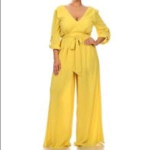 Plus size wide leg roll up sleeve jumpsuit