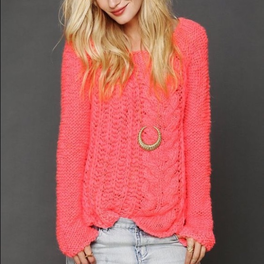 Free People Hot Pink Cable Knit Sweater