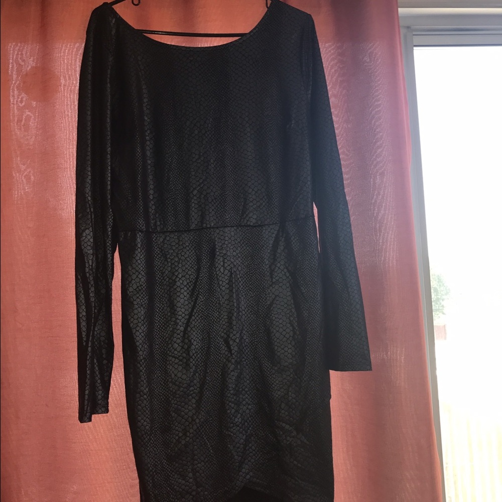 Black snake print faux leather midi dress