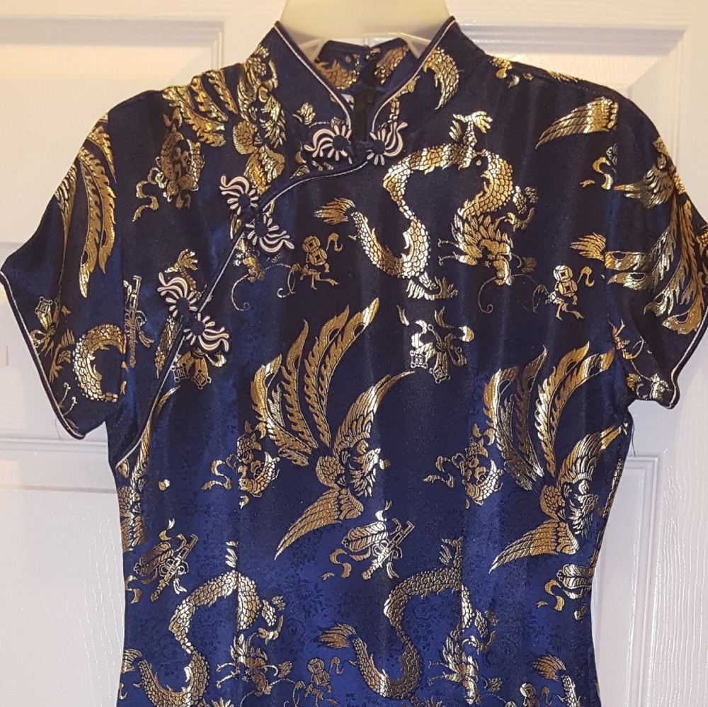 Oriental short sleeve, long length party dress.