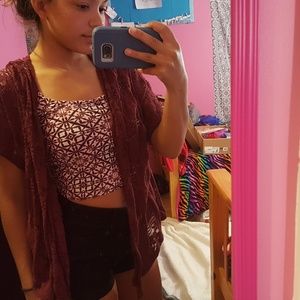 trendy maroon lace cardigan