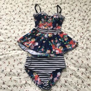 two piece peplum swimsuit with reversible bottoms