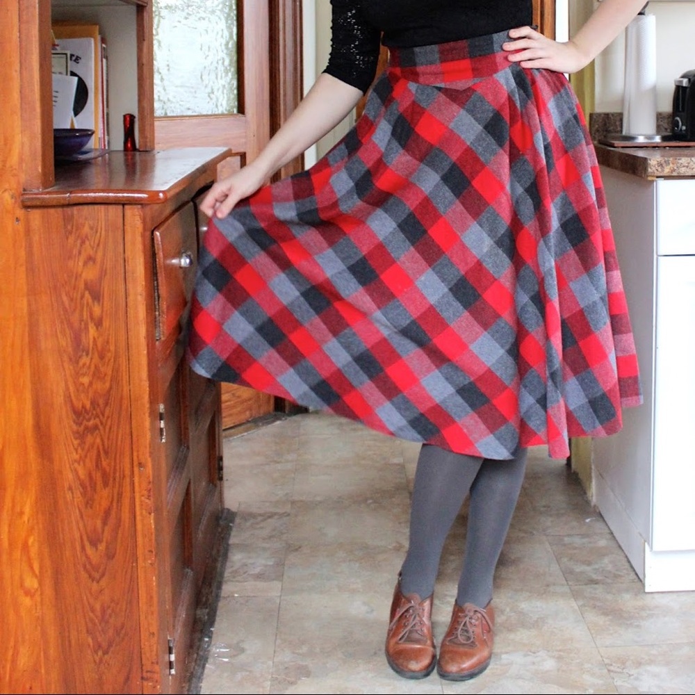 Vintage Plaid Wool Midi Skirt