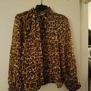 Animal print ruffle tie neck shirt