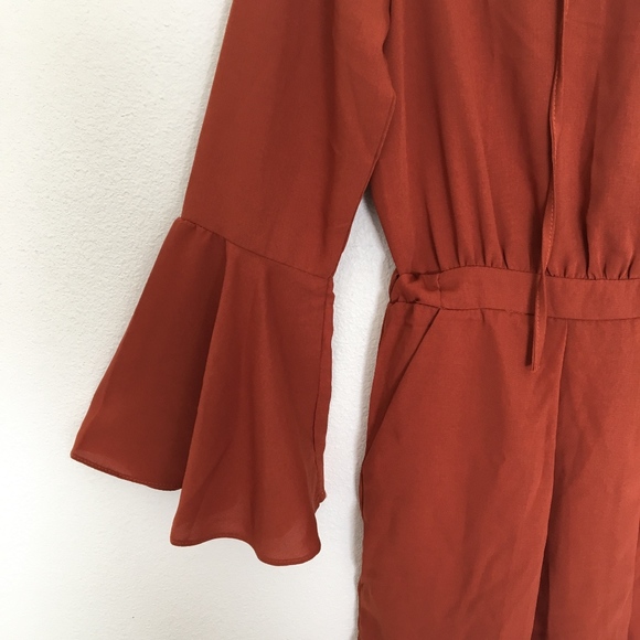 Orange Romper Hippie Bell Sleeves Laced Neckline - Picture 2 of 8