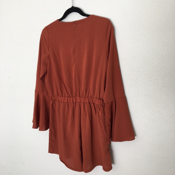 Orange Romper Hippie Bell Sleeves Laced Neckline - Picture 6 of 8