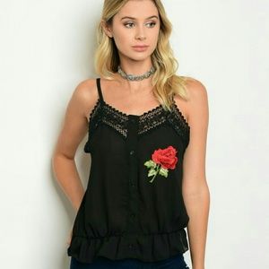 New Junior's Cute Black floral patch spaghetti top