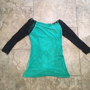 Small BKE green shirt with black lace sleeves