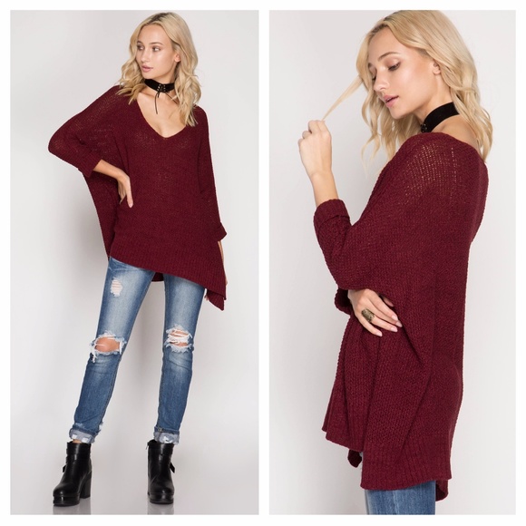 Burgundy Loose Fit V-Neck Sweater - Picture 2 of 3