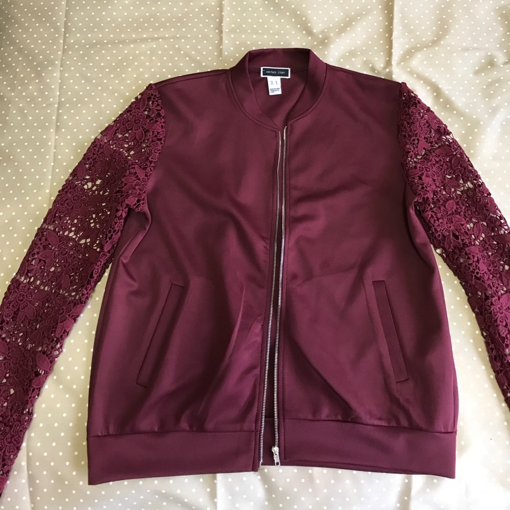 Burgundy Bomber Jacket with Lace Sleeves