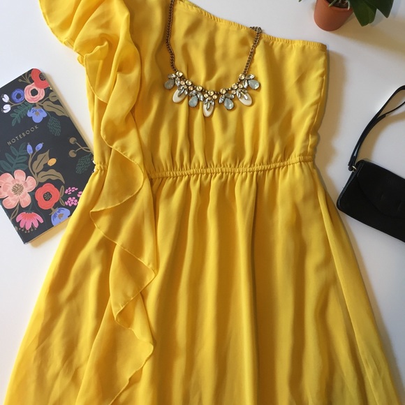 Mustard yellow one shoulder dress. - Picture 2 of 4