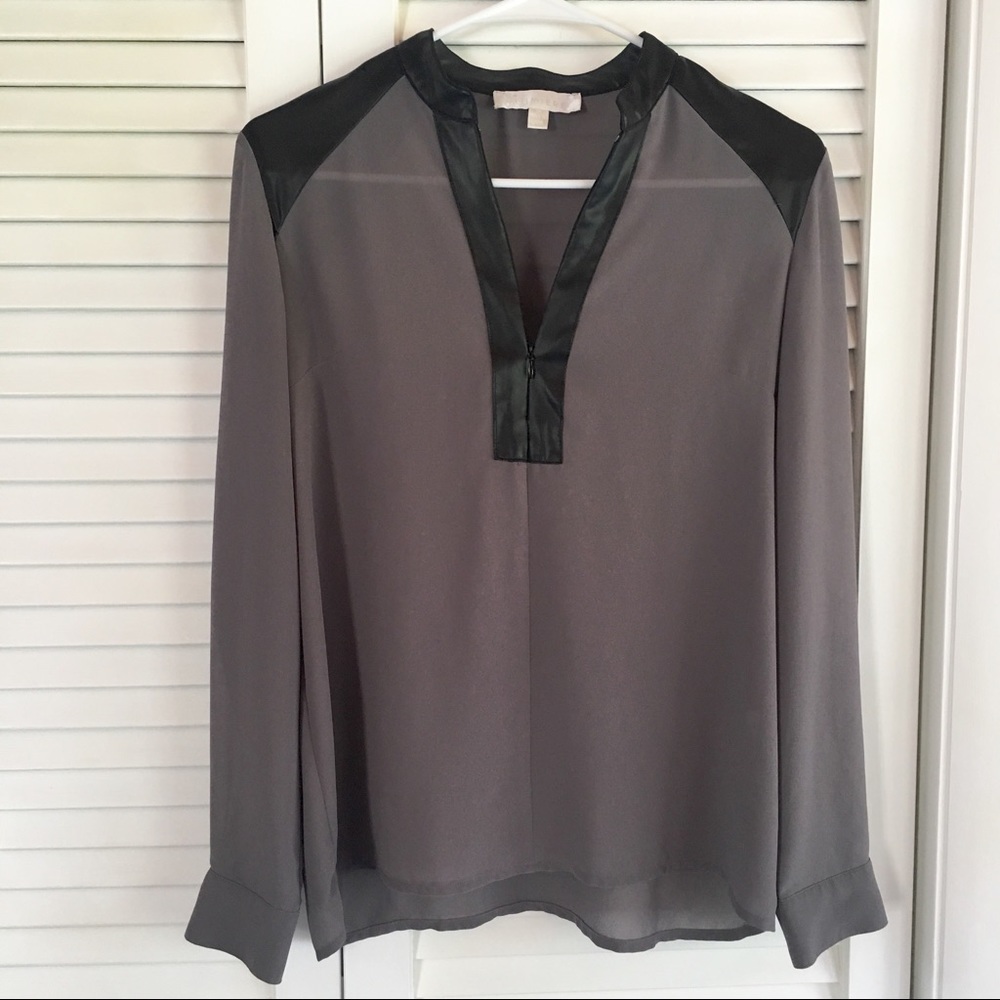 Lumiére Sheer Gray Zipper Blouse Leather Detail
