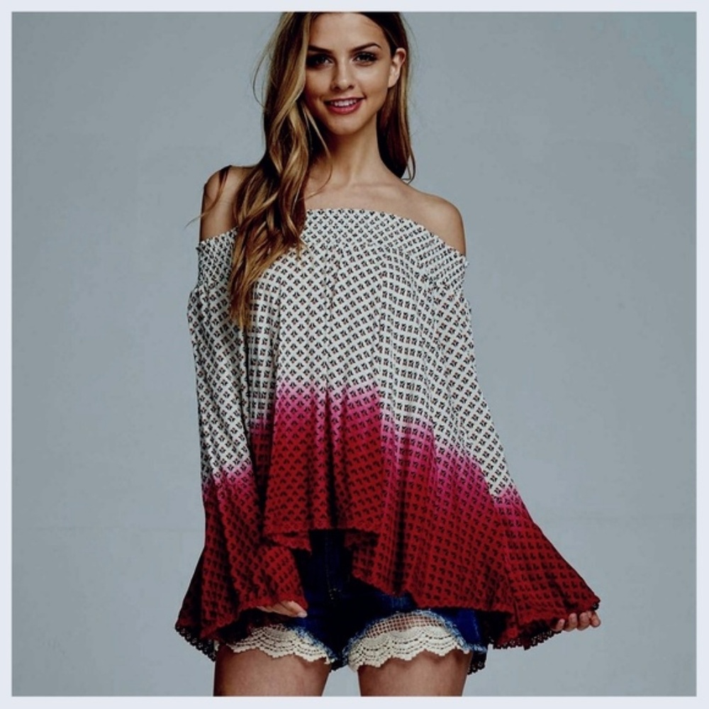Off-Shoulder Red And Ivory Ombre Top - Picture 2 of 5
