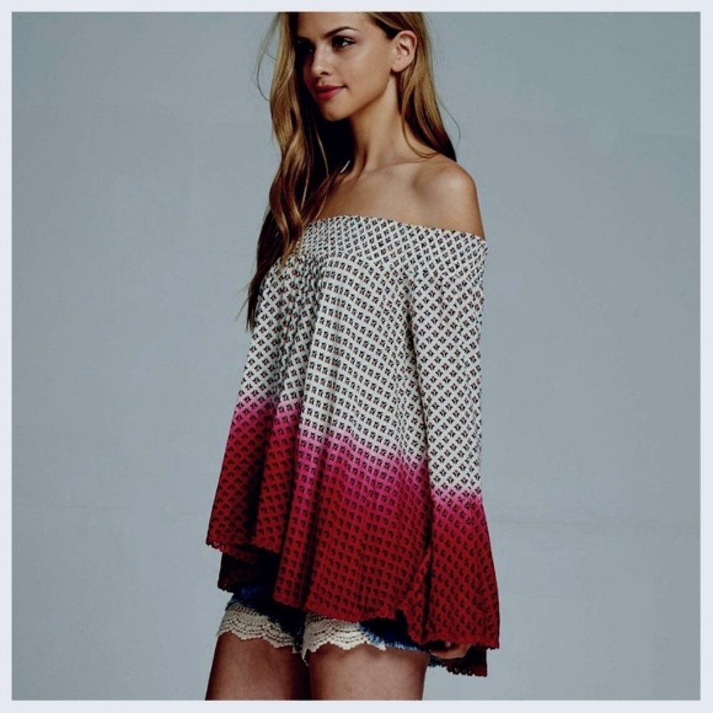 Off-Shoulder Red And Ivory Ombre Top - Picture 3 of 5