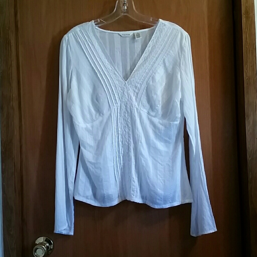 White Tonal Stripe Crochet Gauze Bell Sleeve Top