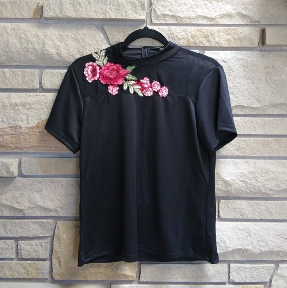 Black mesh top floral embroidered t-shirt top - Picture 2 of 7