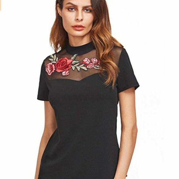 Black mesh top floral embroidered t-shirt top - Picture 6 of 7