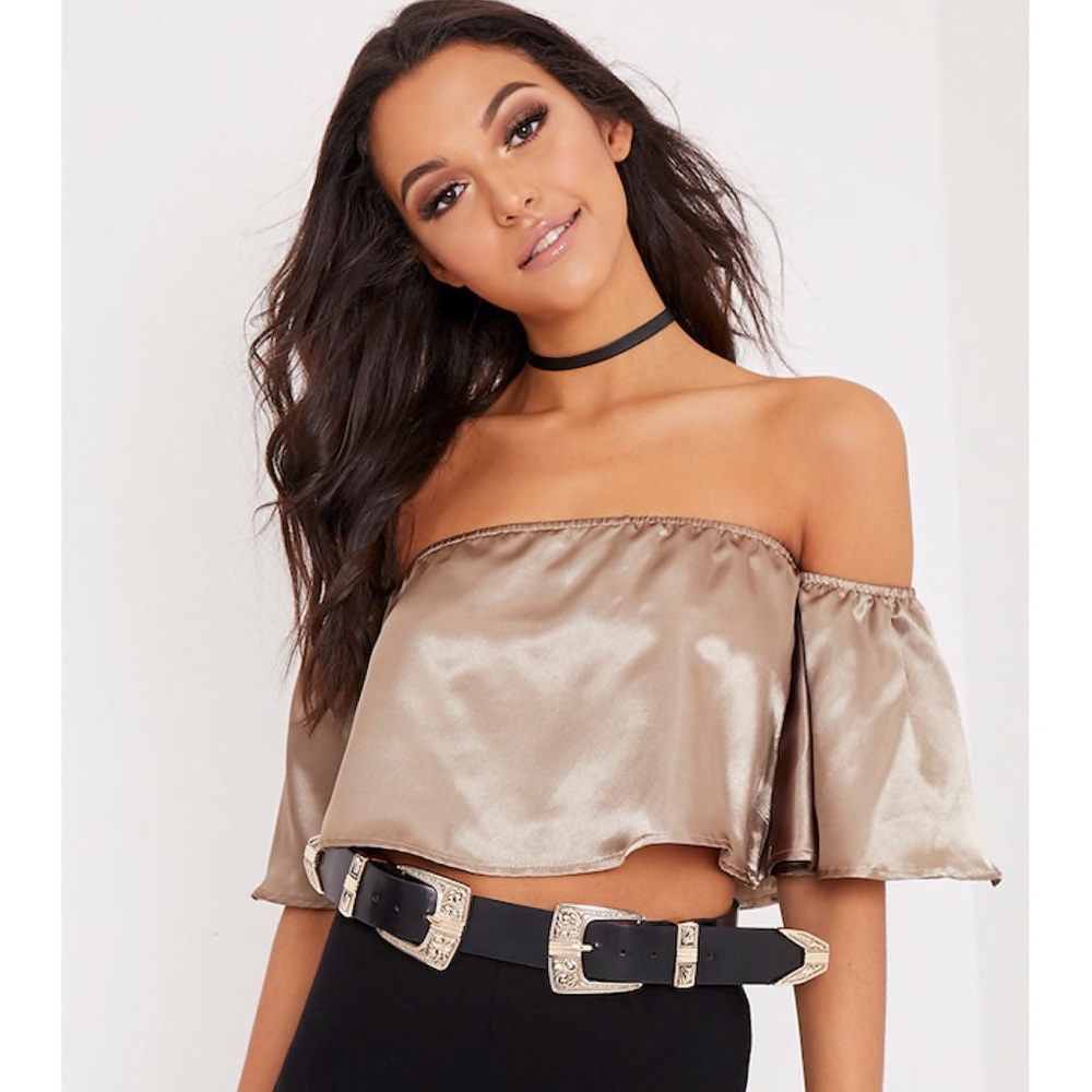Gold Metallic Satin Bardot Crop Top
