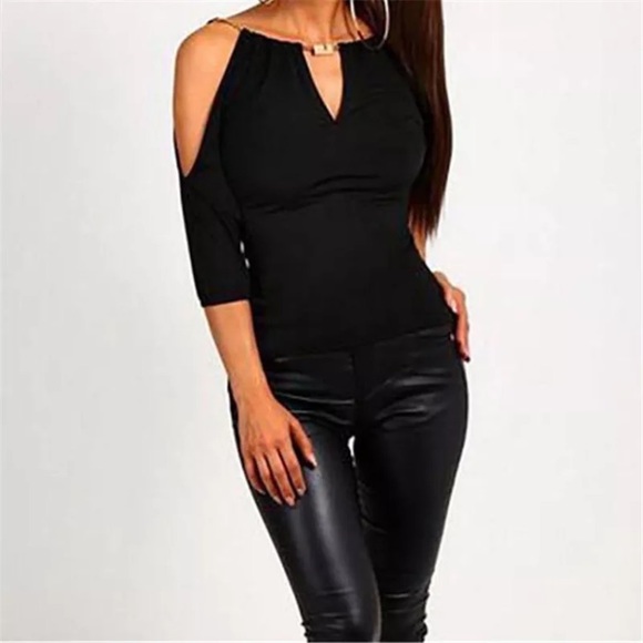 100% cashmere open shoulder w/chains fitted blouse - Picture 2 of 6