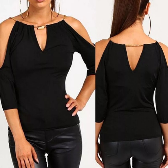 100% cashmere open shoulder w/chains fitted blouse - Picture 5 of 6