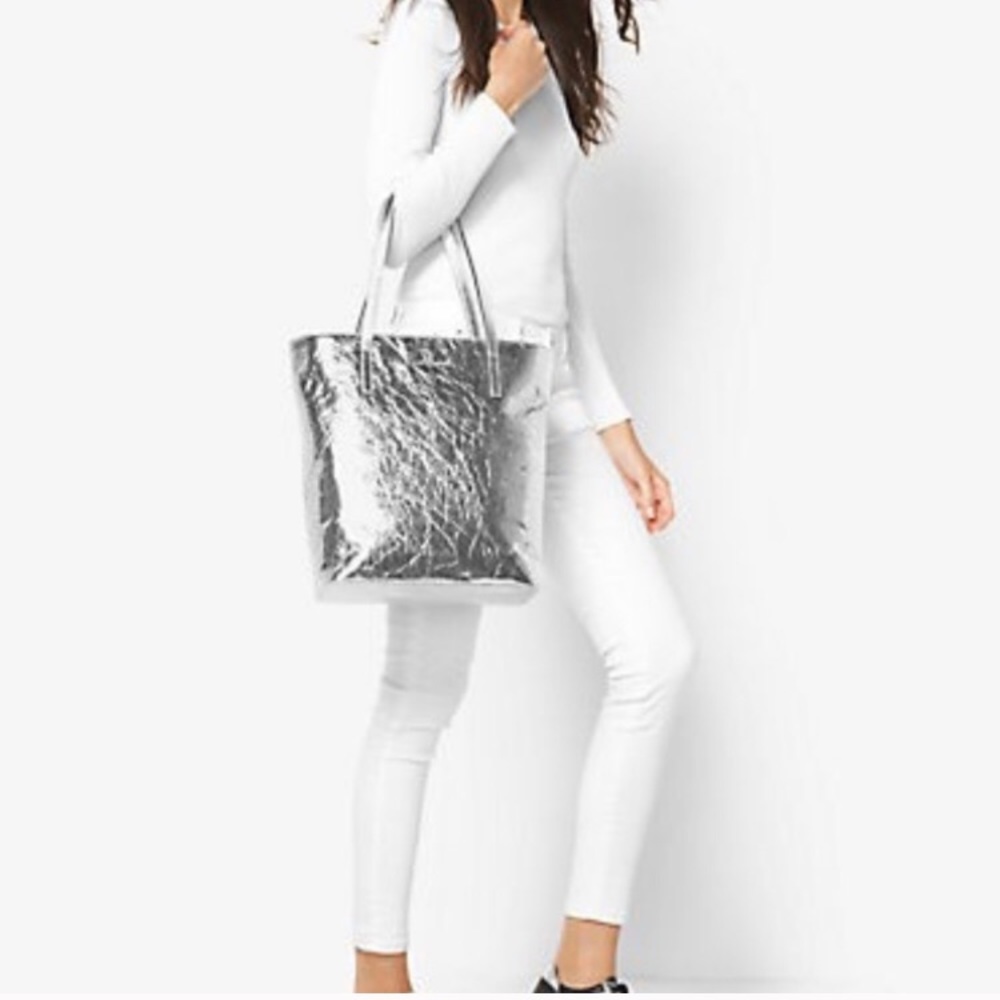 New Michael Kors Emory Large Silver Leather Tote
