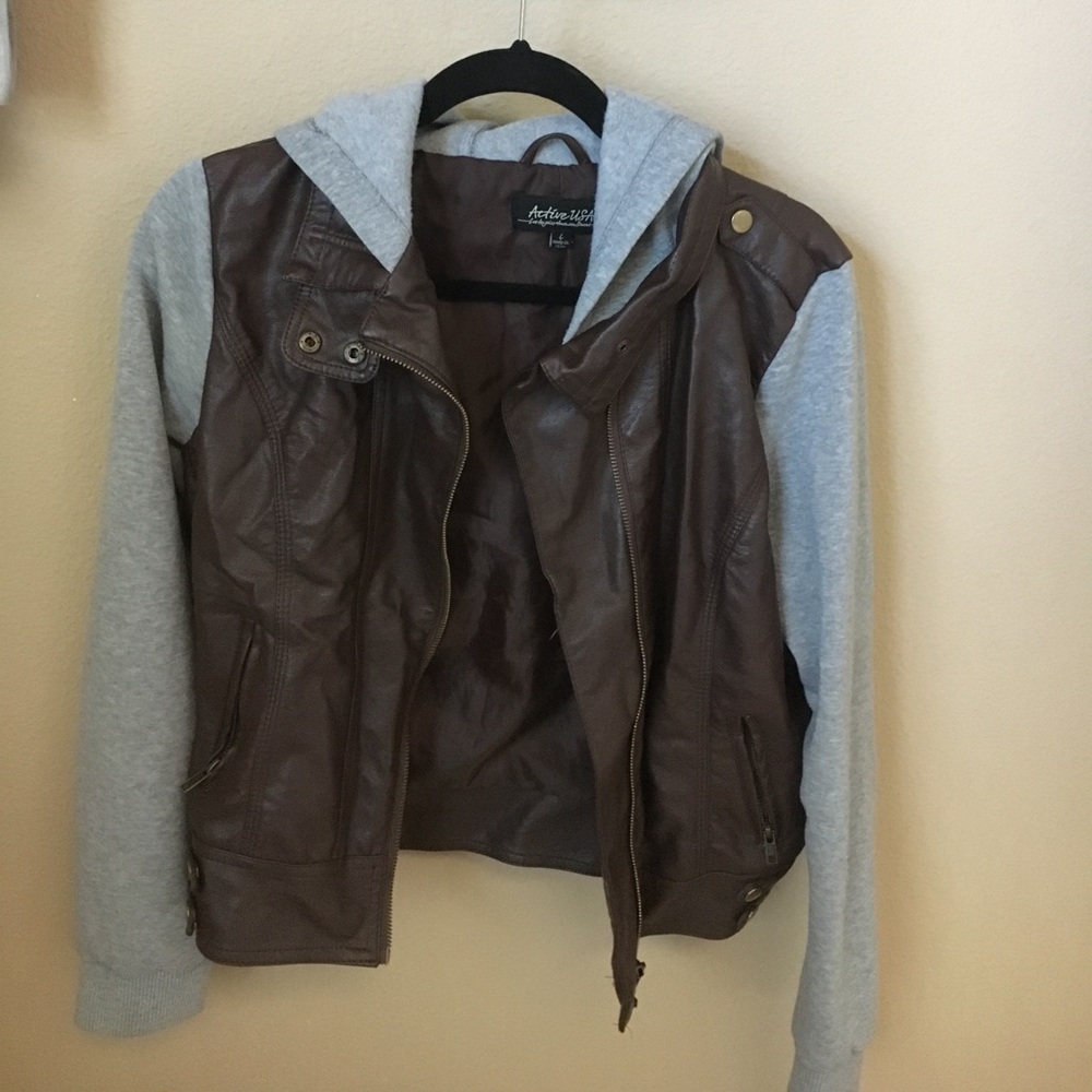 Brown faux leather jacket with hood