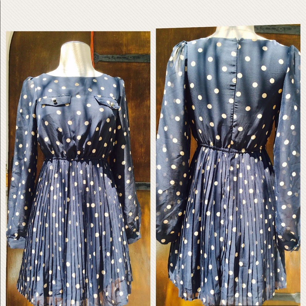 Xhilaration Navy Blue Polka Dots Pleated Dress - Picture 3 of 3