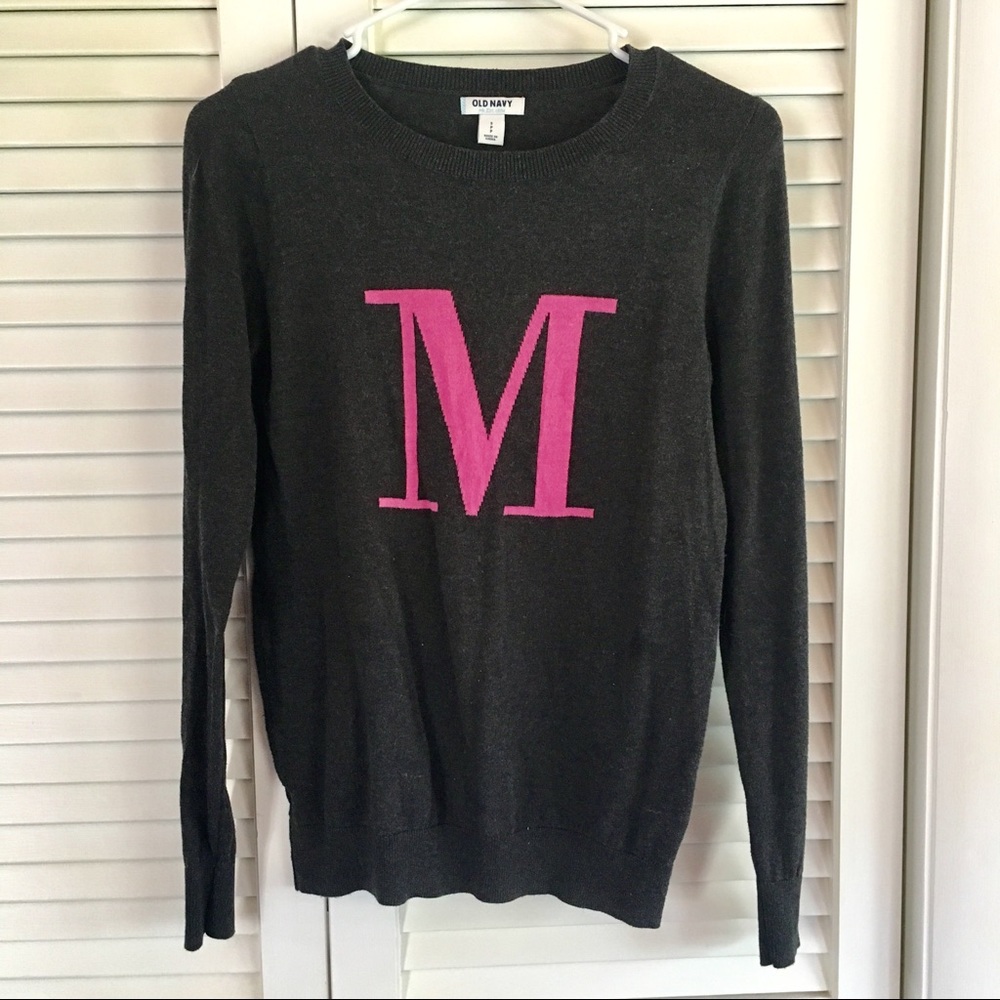 "M" Initial Monogram Gray Crew Neck Sweater