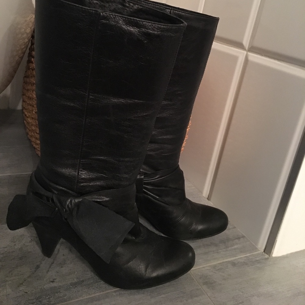Topshop Black leather boots with bow detail