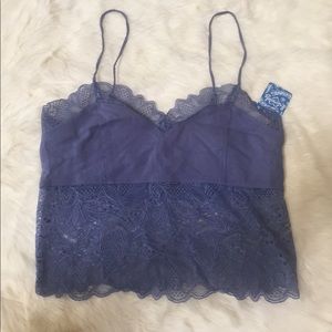 Denim blue lace trim crop top