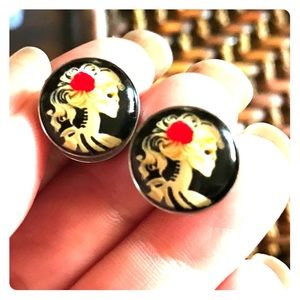 00 gauge skeleton cameo earrings