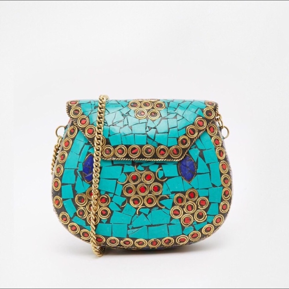 Crossbody Bag with Turquoise Tiles & Floral Detail