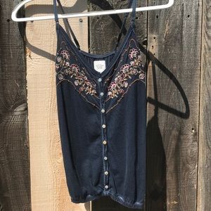 Navy Embroidered Buttoned Top
