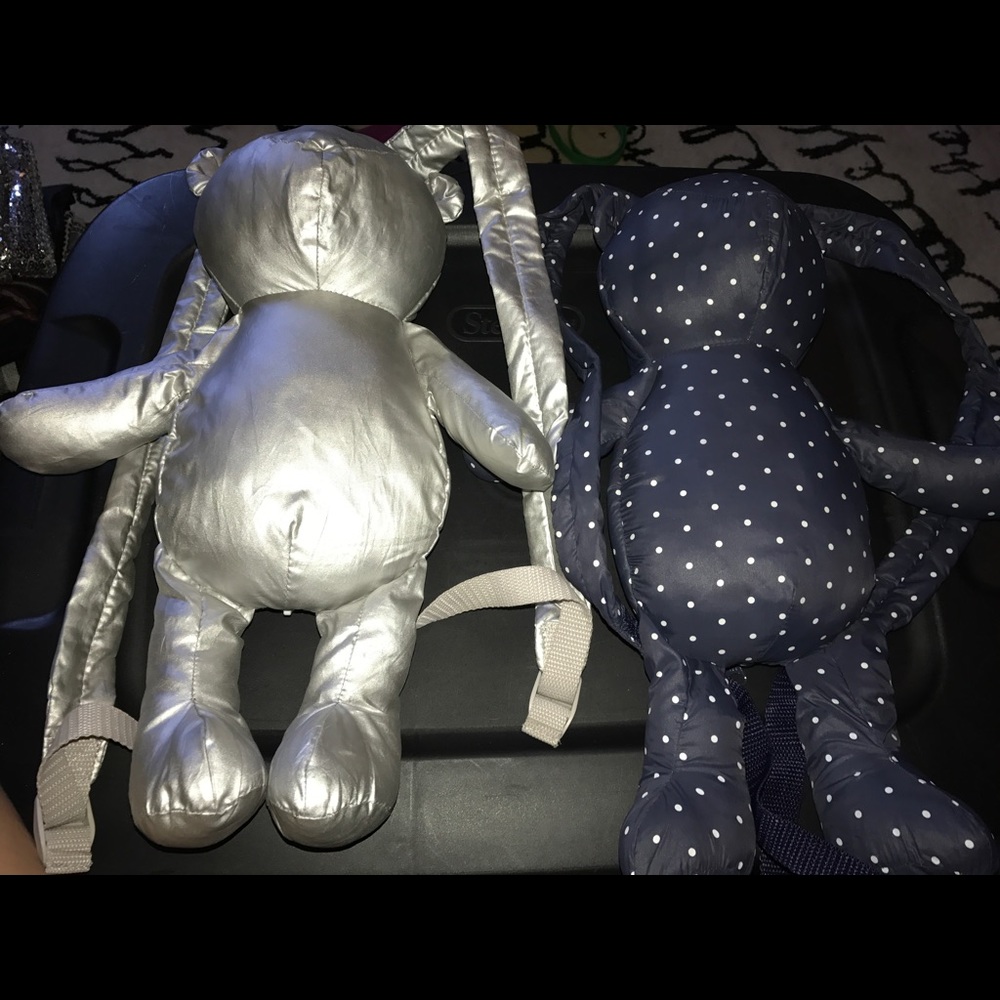 Backpacks teddy bears silver and navy with pokadot