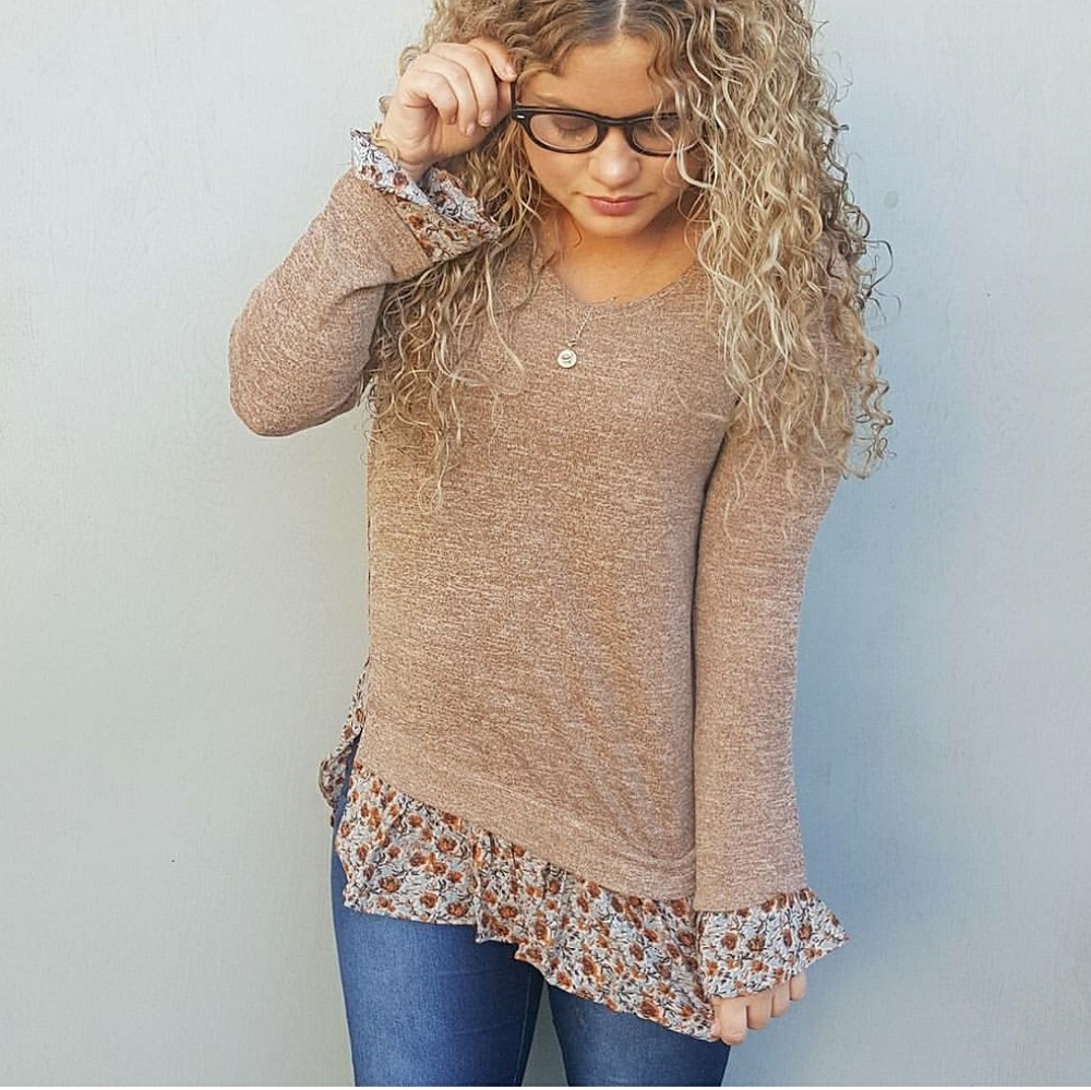 Tan sweater with cute floral underlay