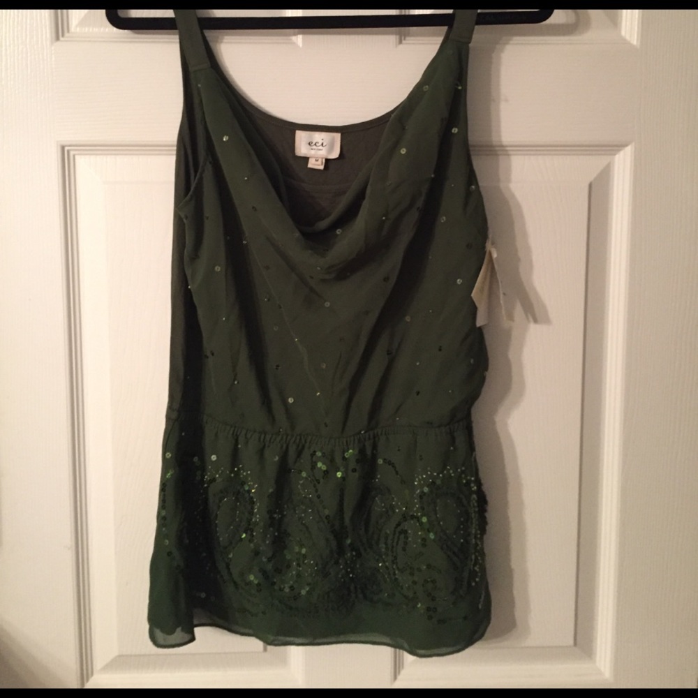 NWT ECI Sheer Olive Chiffon & Sequin Top