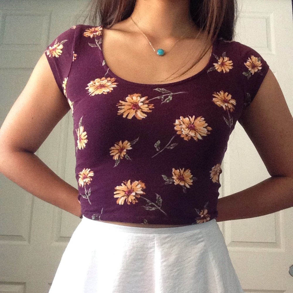 Maroon crop top with yellow flowers
