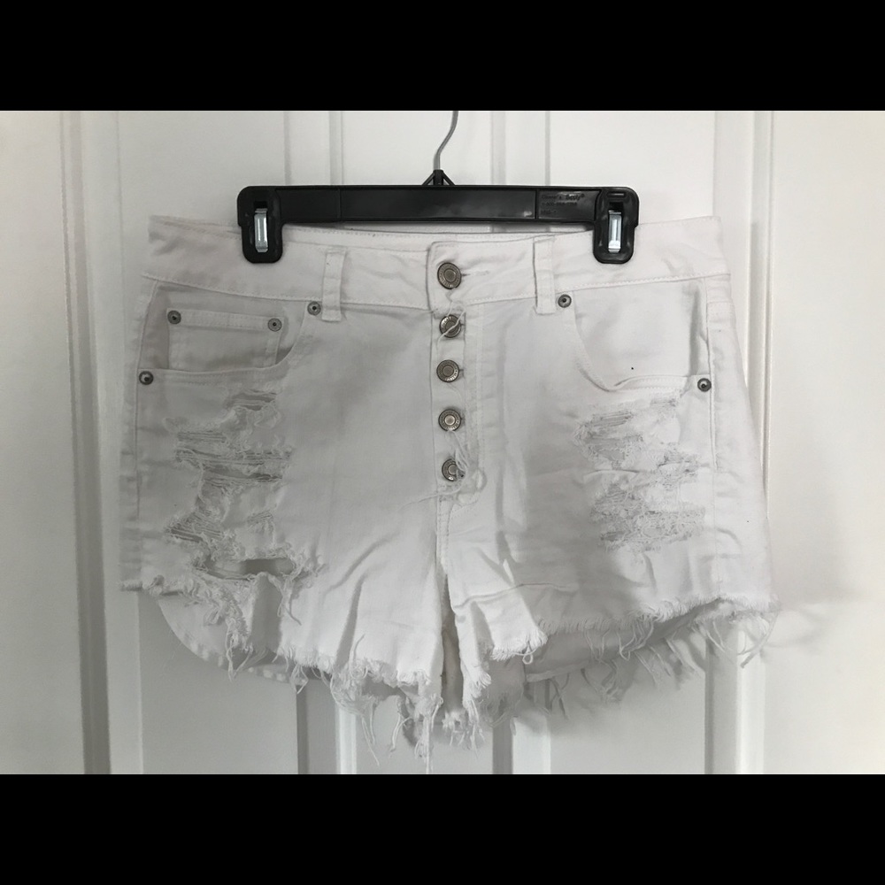 White Button Up High Rise Cutoff Jean Shorts