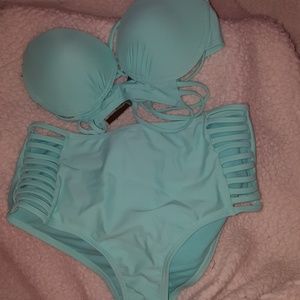 Turquoise high wasted bikini set