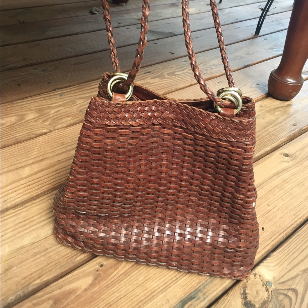 Brown Braided Leather Bucket Bag