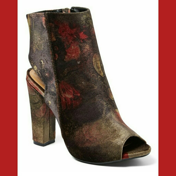 ❤BLACK & RED VELVET FLORAL PEEP-TOE BOOTIE-NIB❤ - Picture 2 of 4